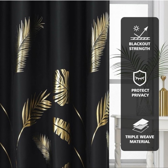Blackout Curtains 108Inches Length Gold Foil with Palm Leaf Design Thermal - Picture 3 of 7